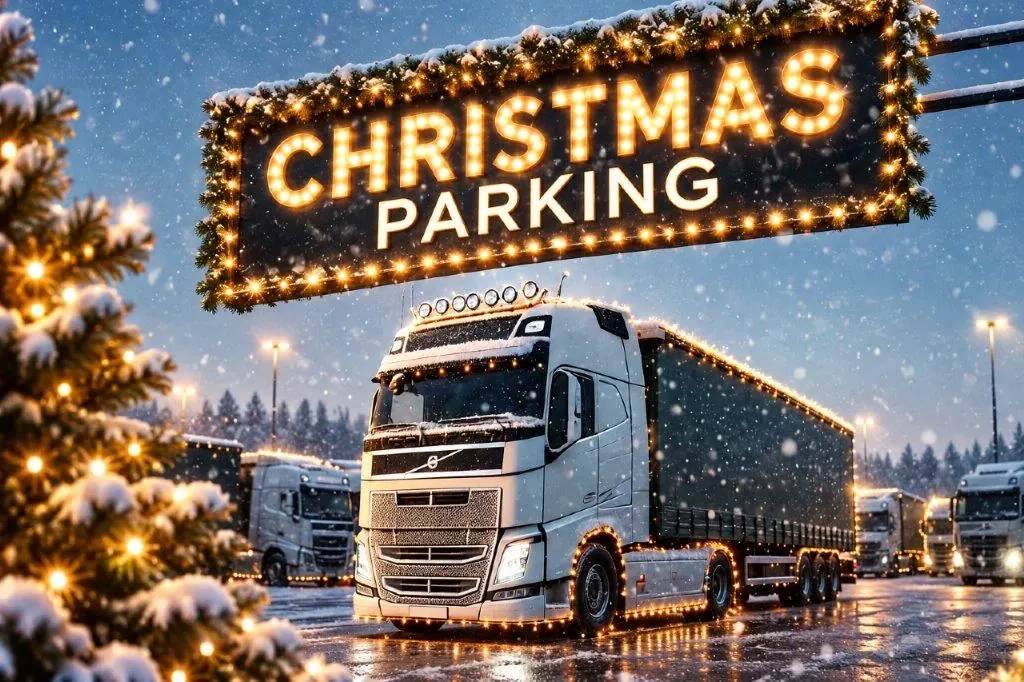 Leuchtendes Schild „Christmas Parking“ über einem weißen LKW mit Lichterkette im Schnee